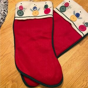 Festive Red Christmas Stockings with Button Accents and matching tree skirt.